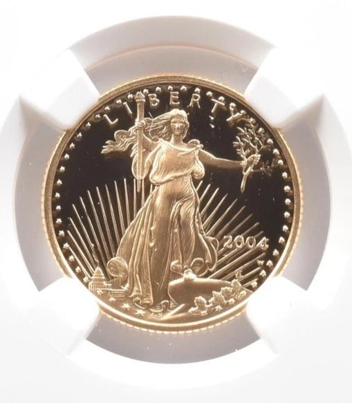 2004-W $10 AMERICAN GOLD EAGLE: 2004-W $10 American Gold Eagle Brand/Mint: None Year: 2004 Fineness: None Denomination: $10 Country of Origin: United States Accessories: None Accessories Notice: When purchasing pre-owned