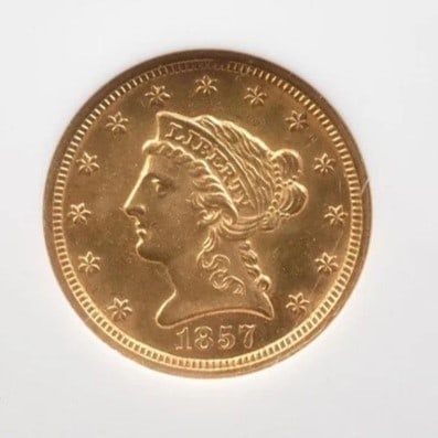 1857 $2.50 LIBERTY HEAD GOLD QUARTER EAGLE: 1857 $2.50 Liberty Head Gold Quarter Eagle Brand/Mint: None Year: 1857 Fineness: None Denomination: $2.50 Country of Origin: United States Accessories: None Accessories Notice: When purcha