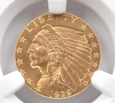 1929 $2.50 INDIAN HEAD GOLD QUARTER EAGLE: 1929 $2.50 Indian Head Gold Quarter Eagle Brand/Mint: None Year: 1929 Fineness: None Denomination: $2.50 Country of Origin: United States Accessories: None Accessories Notice: When purchas