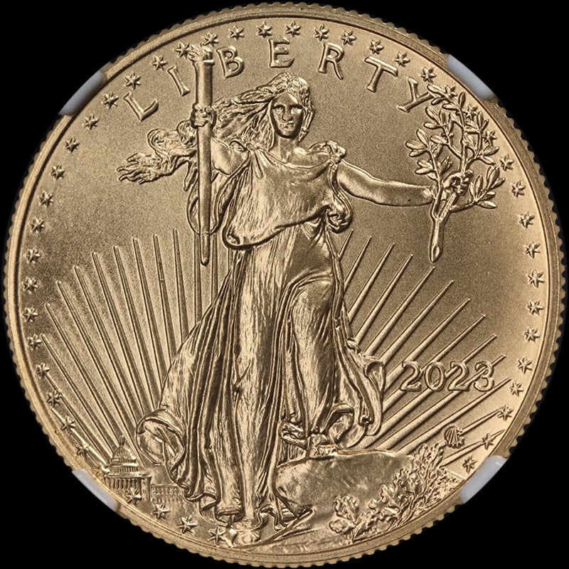 2023 GOLD AMERICAN EAGLE $25: 2023 Gold American Eagle $25 Year: 2023 Fineness: 0.9167 Composition: Gold Denomination: $25 Country of Origin: United States Accessories: None Accessories Notice: When purchasing pre-owne