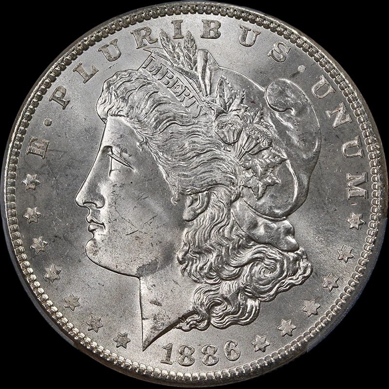 1886-P MORGAN SILVER DOLLAR: 1886-P Morgan Silver Dollar Year: 1886 Fineness: 0.9 Composition: Silver Denomination: None Country of Origin: United States Accessories: None Accessories Notice: When purchasing pre-owned