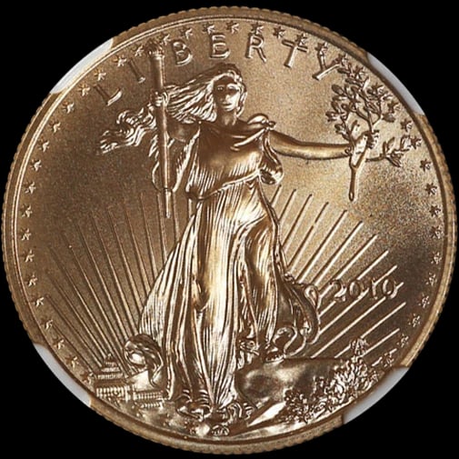 2010 GOLD AMERICAN EAGLE: 2010 Gold American Eagle Year: 2010 Fineness: 0.9167 Composition: Gold Denomination: $25 Country of Origin: United States Accessories: None Accessories Notice: When purchasing pre-owned