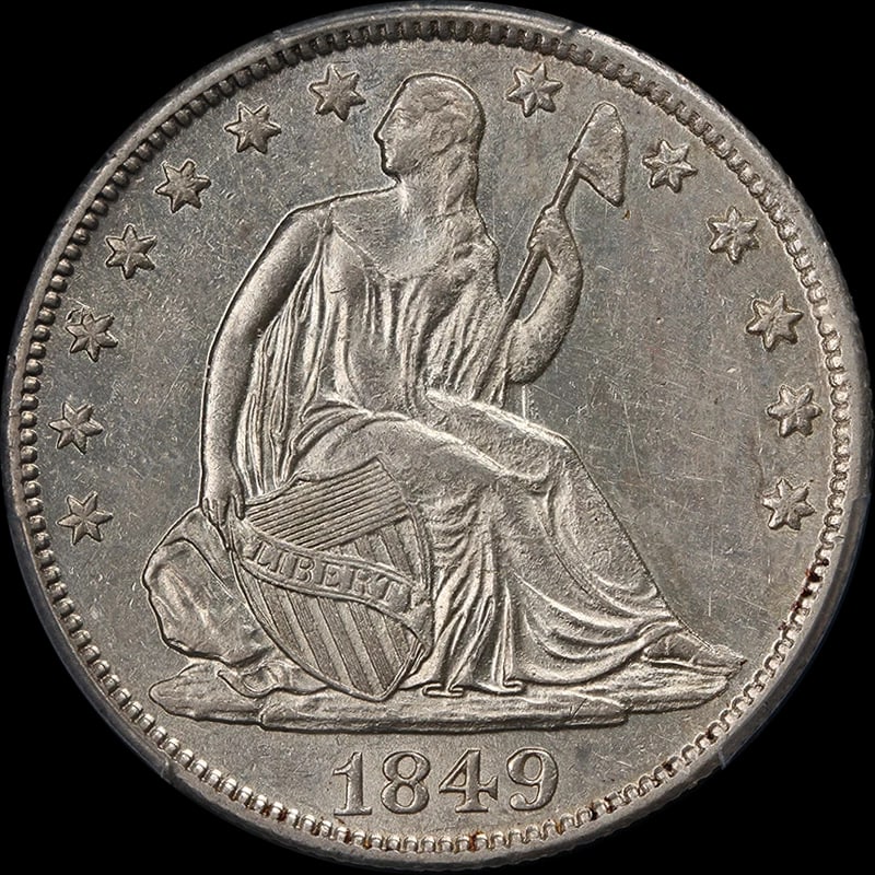 1849-O SEATED HALF DOLLAR: 1849-O Seated Half Dollar Year: 1849 Fineness: None Composition: Silver Denomination: None Country of Origin: United States Accessories: None Accessories Notice: When purchasing pre-owned