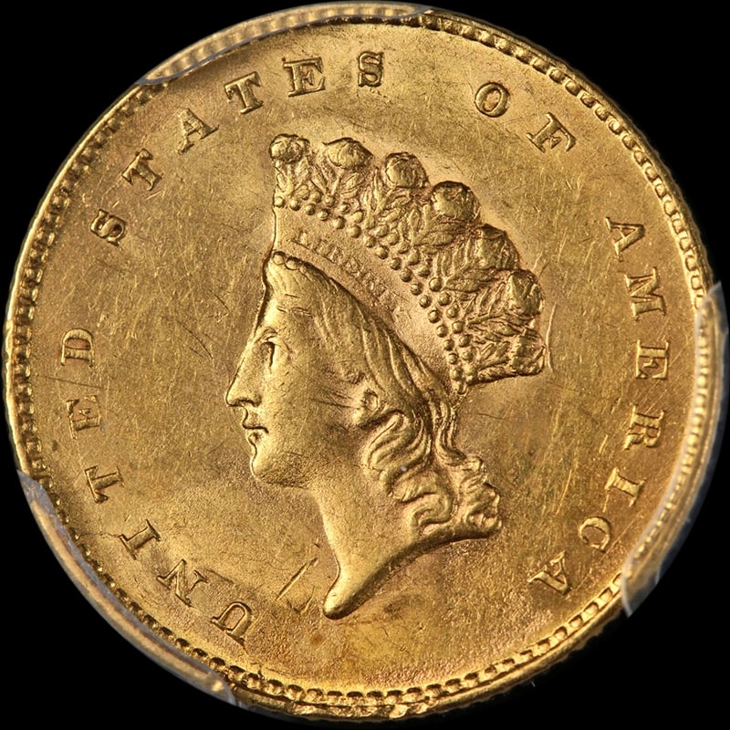 1855-P TYPE 2 INDIAN PRINCESS GOLD $1: 1855-P Type 2 Indian Princess Gold $1 Year: 1855 Fineness: 0.9 Composition: Gold Denomination: None Country of Origin: United States Accessories: None Accessories Notice: When purchasing
