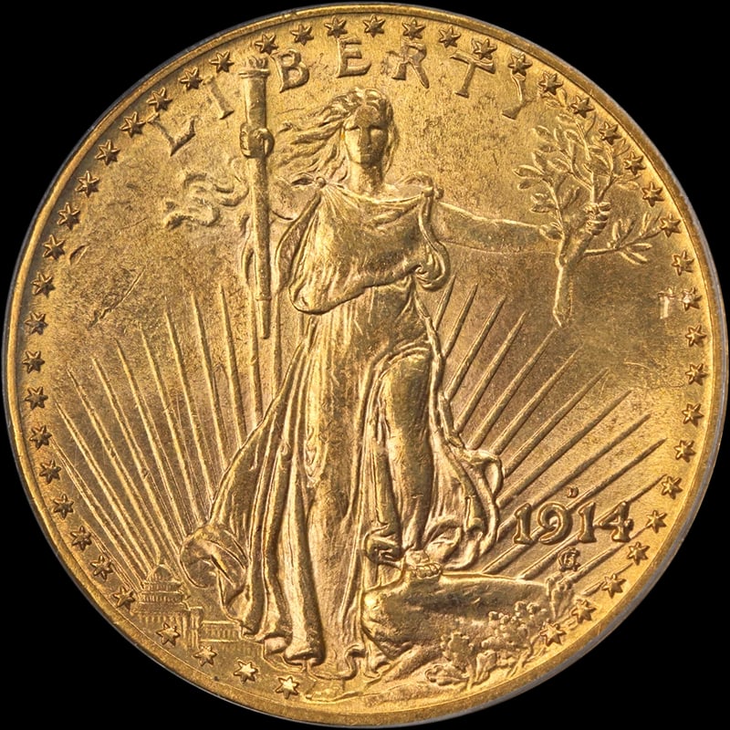 1914-D SAINT-GAUDENS GOLD $20: 1914-D Saint-Gaudens Gold $20 Year: 1914 Fineness: 0.9 Composition: Gold Denomination: $20 Country of Origin: United States Accessories: None Accessories Notice: When purchasing pre-owned