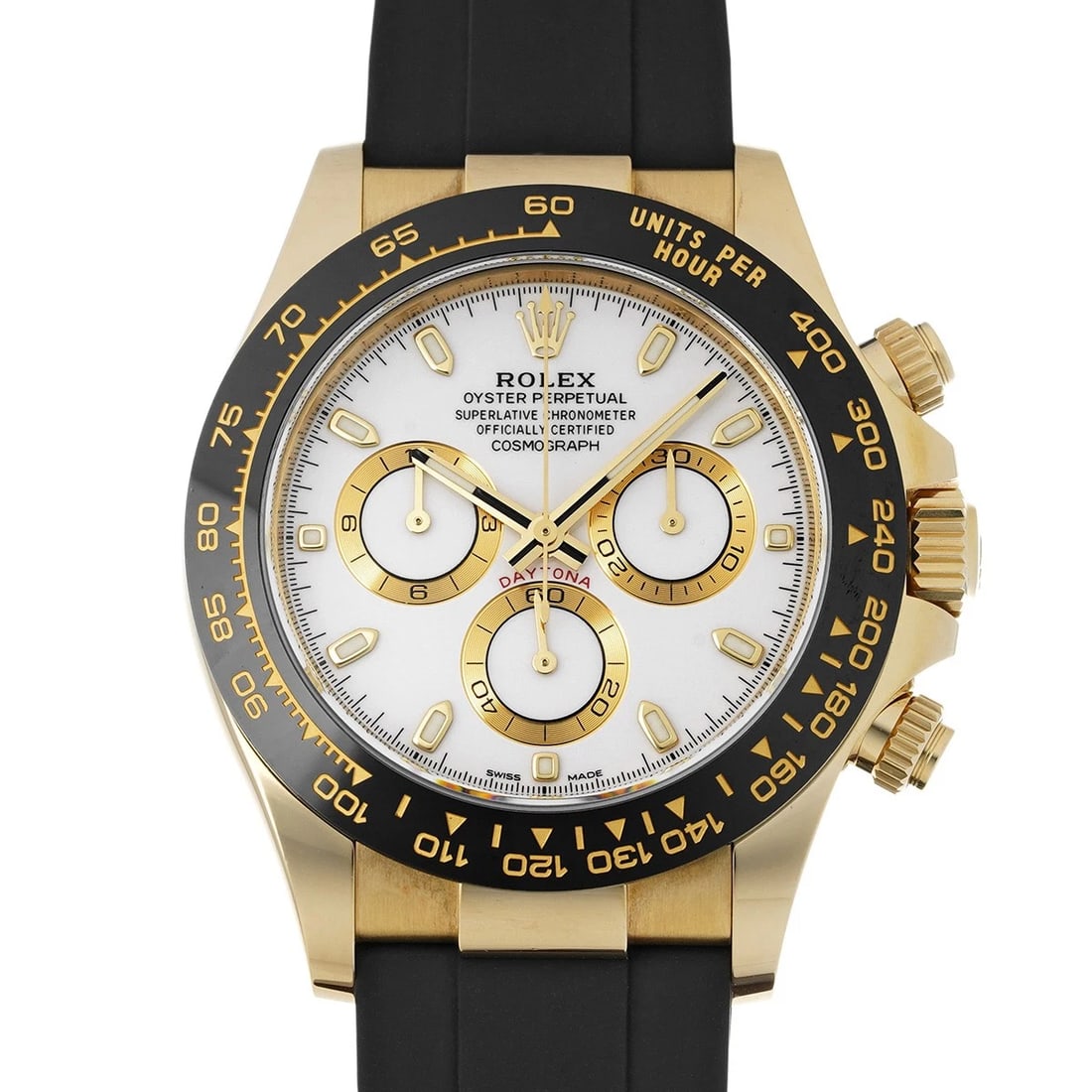 ROLEX COSMOGRAPH DAYTONA WHITE WATCH: ROLEX Cosmograph Daytona white WATCH Brand: ROLEX Type: Wristwatch Material: Band Material rubber, Case Material Yellow Gold Color: Dial Color white Size: ??Case? H/about 40mm W/about 40mm