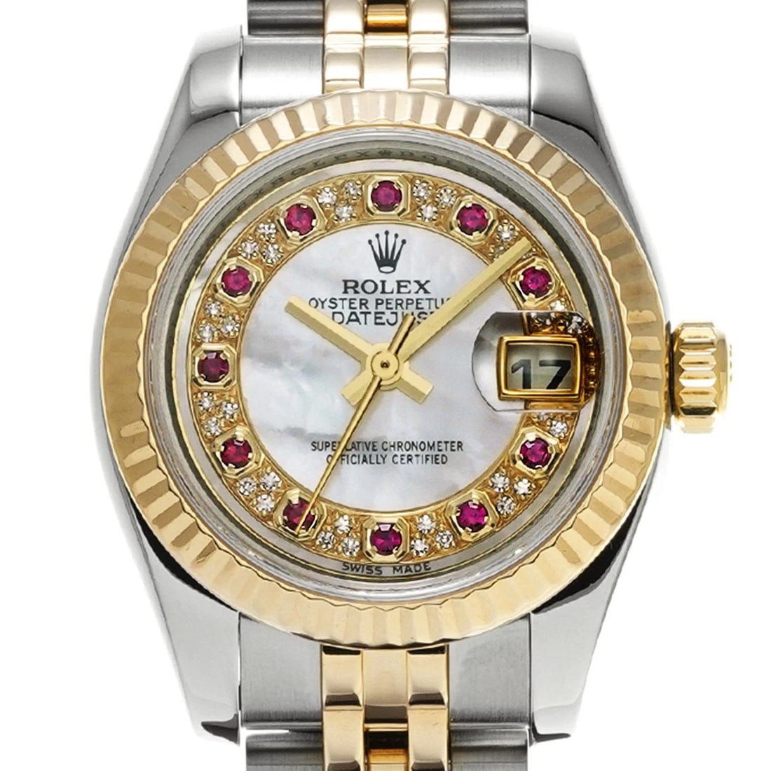 ROLEX DATEJUST WHITE SHELL RUBY DIAMOND WATCH - 4
