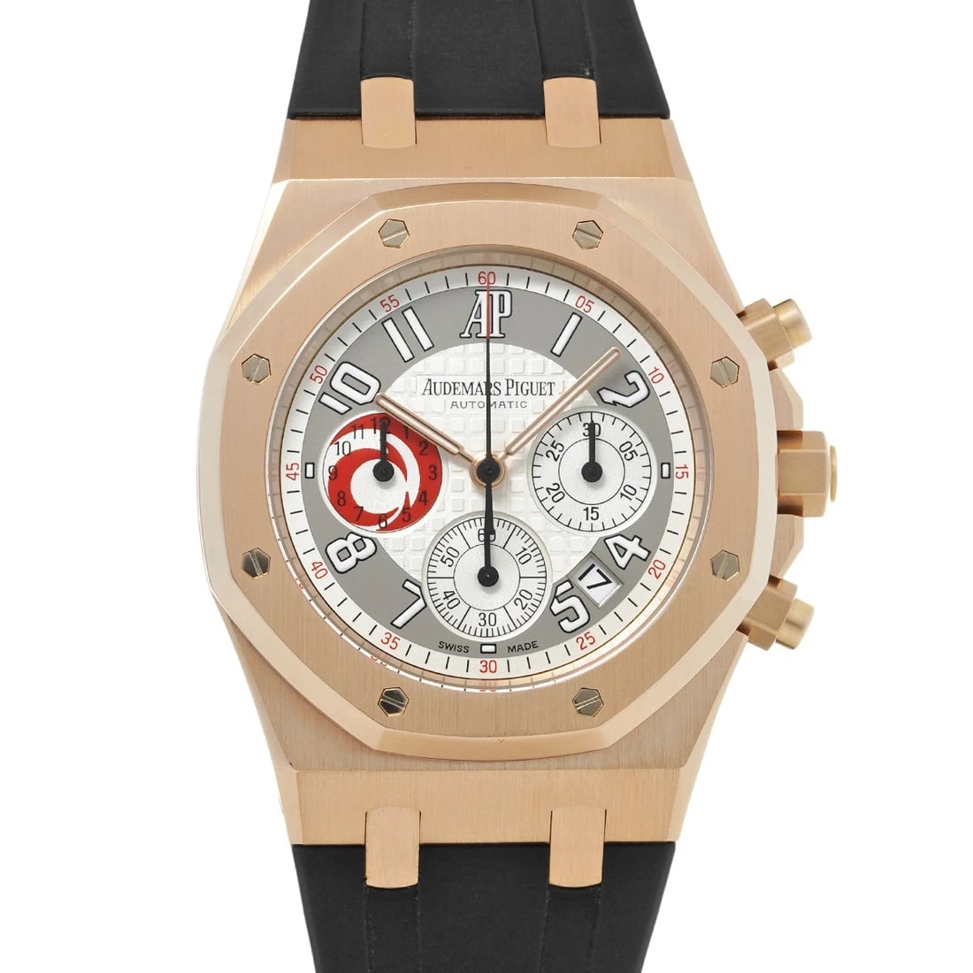 AUDEMARS PIGUET ROYAL OAK WATCH: AUDEMARS PIGUET Royal Oak WATCH Brand: AUDEMARS PIGUET Type: Wristwatch Material: Band Material rubber, Case Material Pink gold Color: Dial Color Silver/Gray / red Size: ??Case? H/about 39mm W/abo
