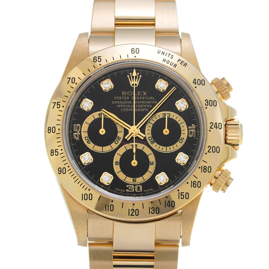 ROLEX COSMOGRAPH DAYTONA BLACK DIAMOND WATCH: ROLEX Cosmograph Daytona black diamond WATCH Brand: ROLEX Type: Wristwatch Material: Band Material Yellow Gold, Case Material Yellow Gold Color: Dial Color black/diamond Size: ??Case? H/about 40mm