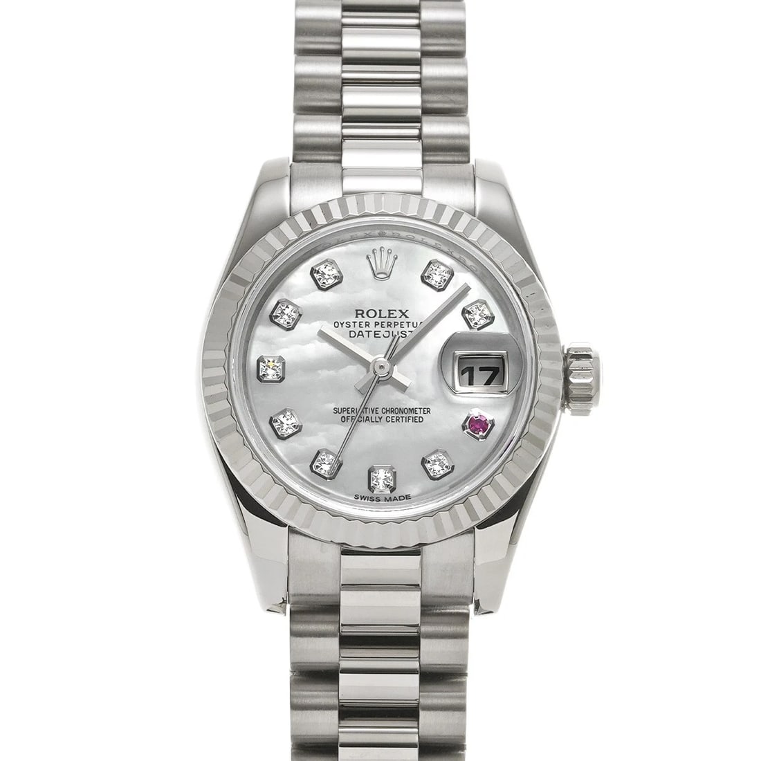 ROLEX DATEJUST WHITE SHELL DIAMOND RUBY WATCH (1 of 4)