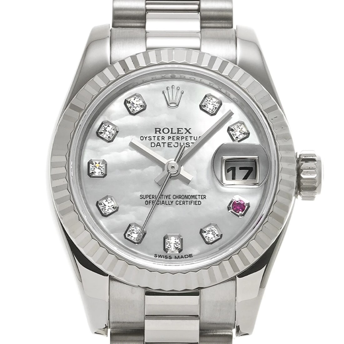 ROLEX DATEJUST WHITE SHELL DIAMOND RUBY WATCH - 4