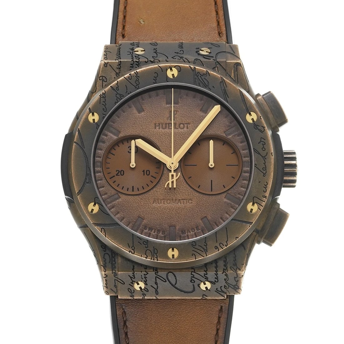 HUBLOT CLASSIC FUSION BRONZE CHRONOGRAPH WATCH: HUBLOT Classic Fusion Bronze Chronograph WATCH Brand: HUBLOT Type: Wristwatch Material: Band Material leather/rubber, Case Material bronze Color: Dial Color Cold Gold Size: ??Case? H/about