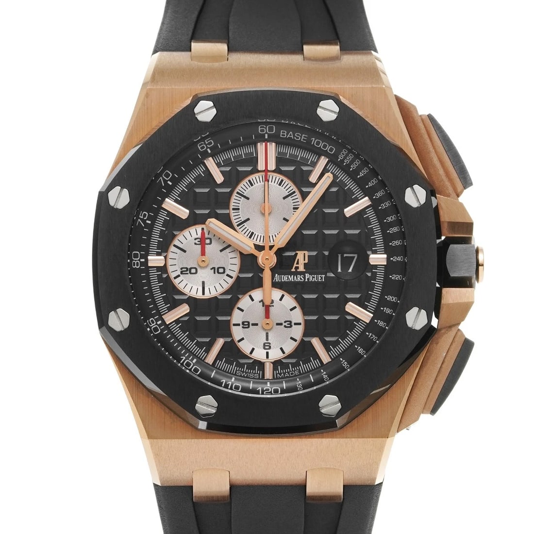 AUDEMARS PIGUET ROYAL OAK CHRONOGRAPH BLACK WATCH: AUDEMARS PIGUET Royal Oak Chronograph black WATCH Brand: AUDEMARS PIGUET Type: Wristwatch Material: Band Material rubber, Case Material Pink gold Color: Dial Color black/Silver Size: ??Case?