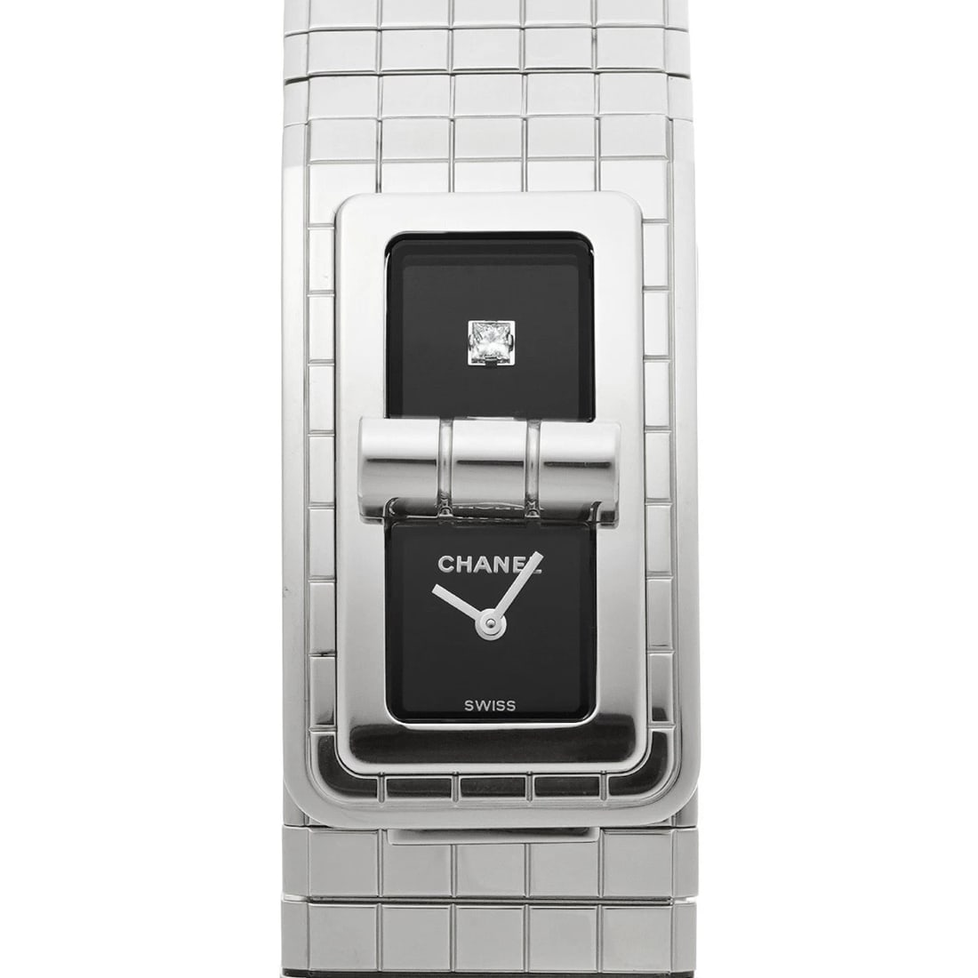 CHANEL BLACK DIAMOND WATCH: CHANEL black diamond WATCH Brand: CHANEL Type: Wristwatch Material: Band Material Stainless steel, Case Material Stainless steel Color: Dial Color black/diamond Size: ??Case? H/about 38.1mm