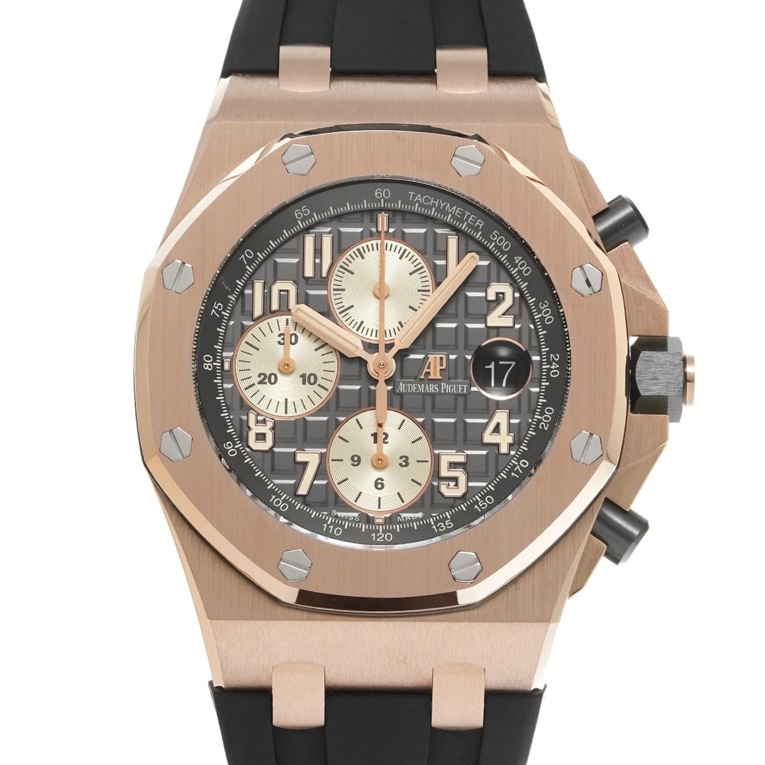 AUDEMARS PIGUET ROYAL OAK CHRONOGRAPH GRAY WATCH: AUDEMARS PIGUET Royal Oak Chronograph gray WATCH Brand: AUDEMARS PIGUET Type: Wristwatch Material: Band Material rubber, Case Material Pink gold Color: Dial Color gray Size: ??Case? H/about