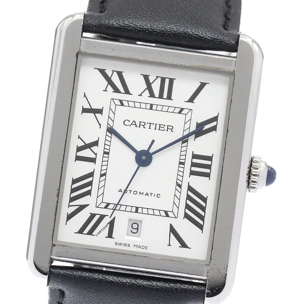 CARTIER TANK SOLO DATE SILVER AUTOMATIC WATCH: CARTIER Tank solo Date Silver Automatic Watch Brand: CARTIER Type: Wristwatch Material: Band Material leather, Case Material Stainless Steel / leather Color: Band Color black, Dial Color Silver, Ca