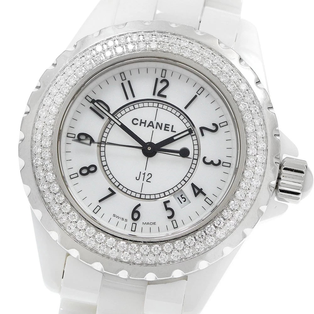 CHANEL J12 DIAMOND BEZEL WHITE CERAMIC DATE WATCH: CHANEL J12 Diamond Bezel White Ceramic Date Watch Brand: CHANEL Type: Wristwatch Material: Band Material Ceramic / Stainless Steel, Case Material Stainless Steel /ceramic Color: Band Color