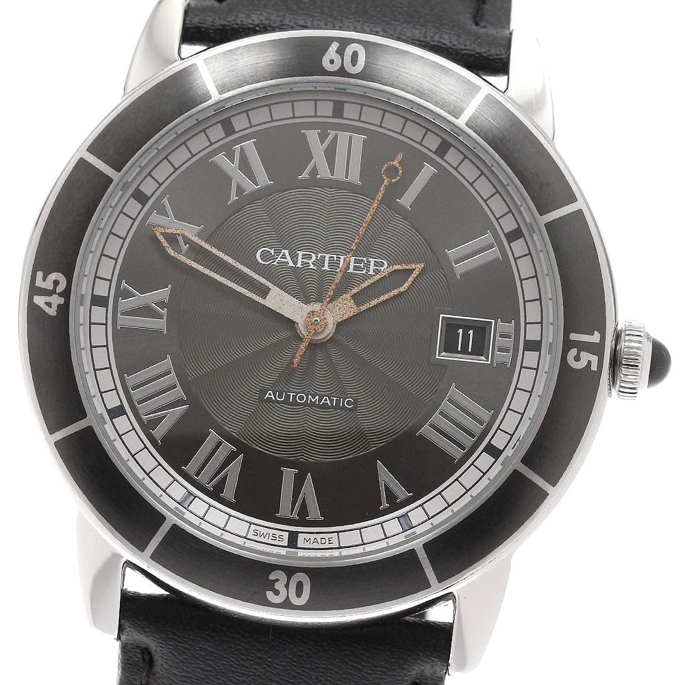 CARTIER RONDE CROISIER DATE AUTOMATIC WATCH: CARTIER Ronde Croisier Date Automatic Watch Brand: CARTIER Type: Wristwatch Material: Band Material leather, Case Material Stainless Steel / leather Color: Band Color black, Dial Color gray,