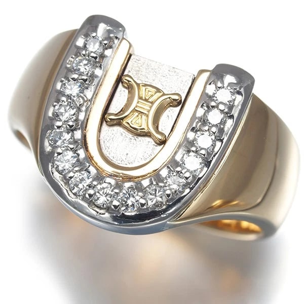 CELINE RING DIAMOND MACADAM HORSESHOE: CELINE Ring Diamond Macadam Horseshoe Brand: CELINE Type: Ring Material: 18K / 750 / Yellow Gold 900 / Platinum Main Stone/Creation Natural Color: none Size: US5.5 - 5.75 Accessories: None
