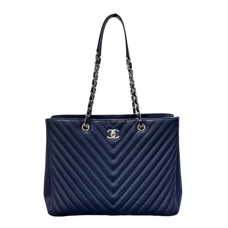 CHANEL V-STITCH CHAIN SHOPPING TOTE: CHANEL V-stitch Chain shopping tote Brand: CHANEL Type: Tote Bag Material: Caviar skin Color: SilverHardware Size: W13.8 x H10.6x D3.9inch Accessories: None Accessories Notice: When