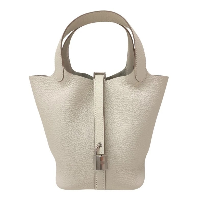 HERMES PICOTAN LOCK PM HANDBAG: HERMES Picotan Lock PM Handbag Brand: HERMES Type: Handbag Material: Taurillon Clemence Color: Kure SilverHardware Size: W7.1 x H7.1x D5.1inch Accessories: None Accessories Notice: When pu