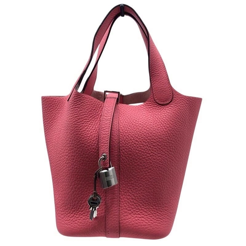 HERMES PICOTAN LOCK PM HANDBAG: HERMES Picotan Lock PM Handbag Brand: HERMES Type: Handbag Material: Taurillon Clemence Color: Rose azare Size: W7.1 x H7.1x D5.3inch Accessories: None Accessories Notice: When purchasing