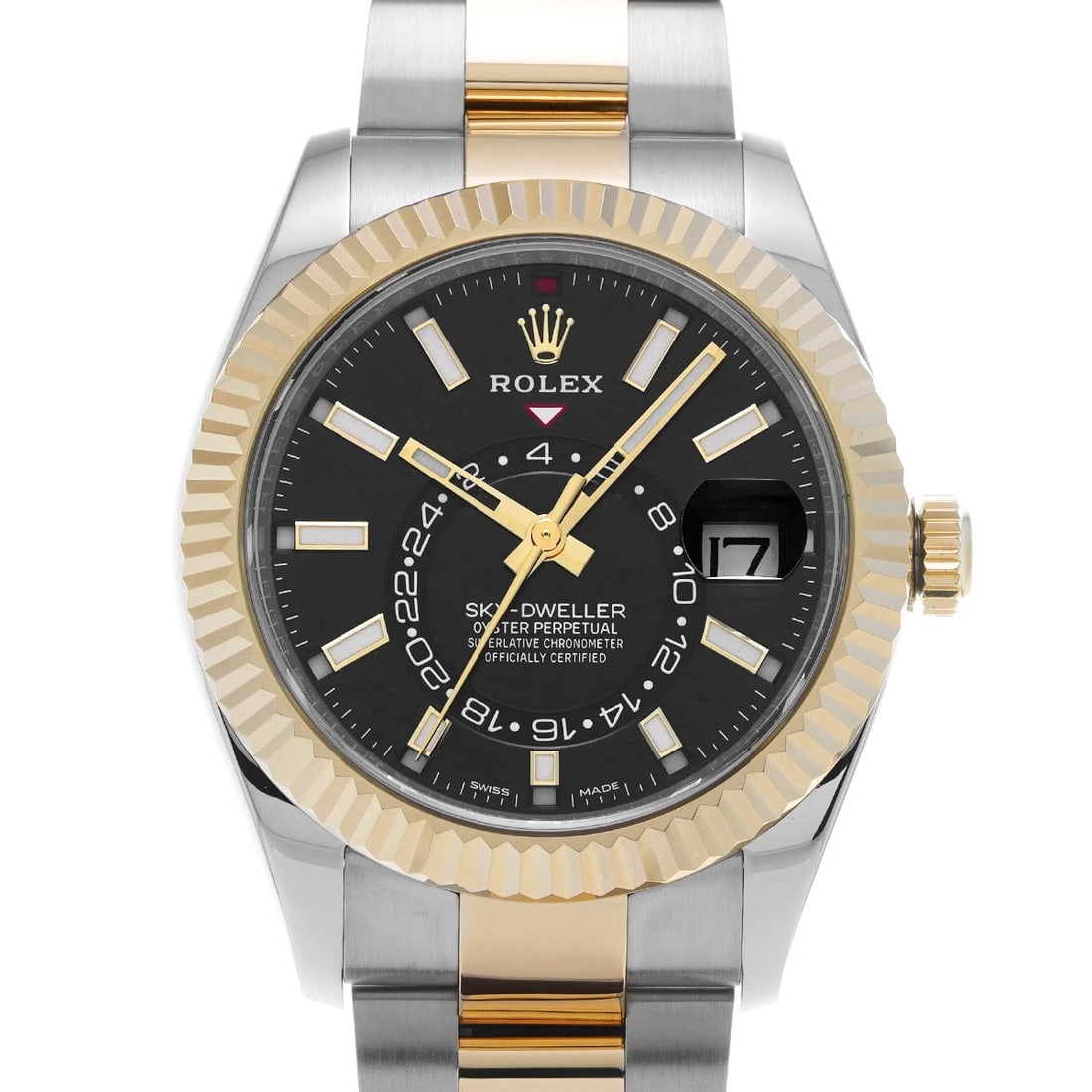 ROLEX SKY DWELLER BRIGHT BLACK WATCH: ROLEX Sky Dweller Bright black WATCH Brand: ROLEX Type: Wristwatch Material: Band Material Stainless steel/Yellow Gold, Case Material Stainless steel Color: Dial Color Bright black Size: