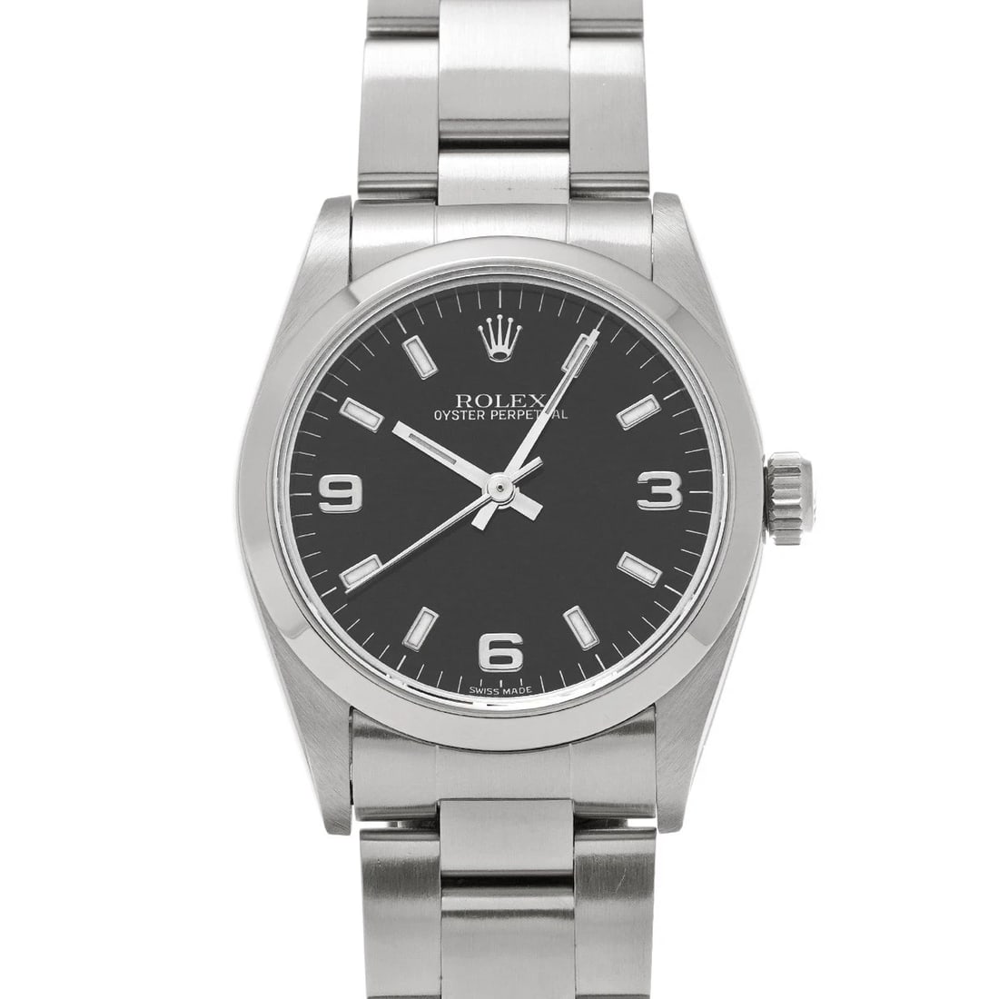 ROLEX OYSTER PERPETUAL BLACK WATCH: ROLEX Oyster Perpetual black WATCH Brand: ROLEX Type: Wristwatch Material: Band Material Stainless steel, Case Material Stainless steel Color: Dial Color black Size: ??Case? H/about 31mm