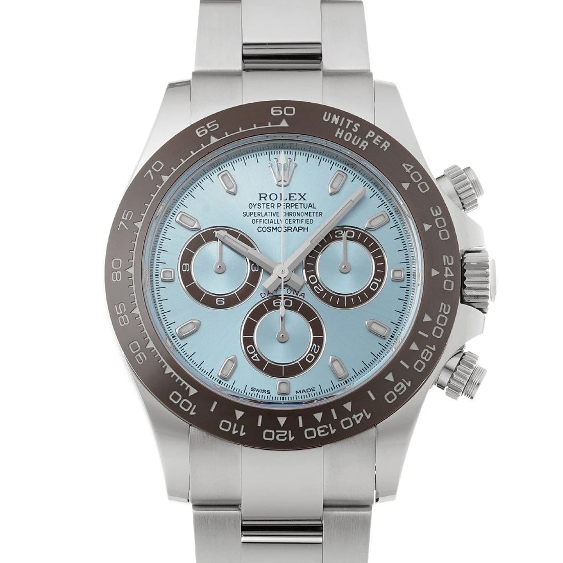 ROLEX COSMOGRAPH DAYTONA ICE BLUE CHESTNUT BROWN WATCH: ROLEX Cosmograph Daytona Ice blue Chestnut brown WATCH Brand: ROLEX Type: Wristwatch Material: Band Material Platinum, Case Material Platinum Color: Dial Color Ice blue/Chestnut brown Size: