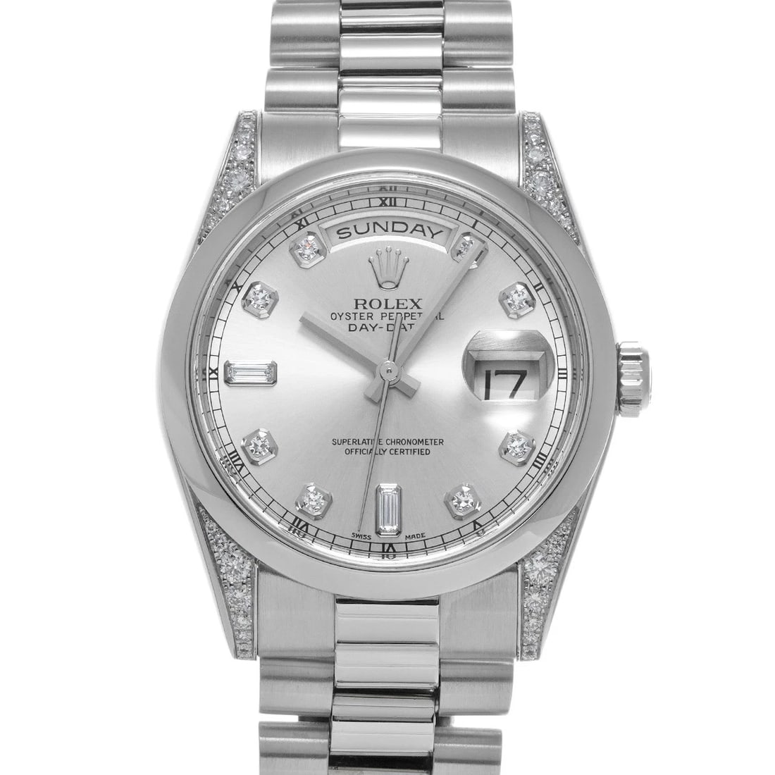 ROLEX SILVER DIAMOND WATCH: ROLEX Silver diamond WATCH Brand: ROLEX Type: Wristwatch Material: Band Material Platinum, Case Material Platinum Color: Dial Color Silver/diamond Size: ??Case? H/about 36mm W/about 36mm