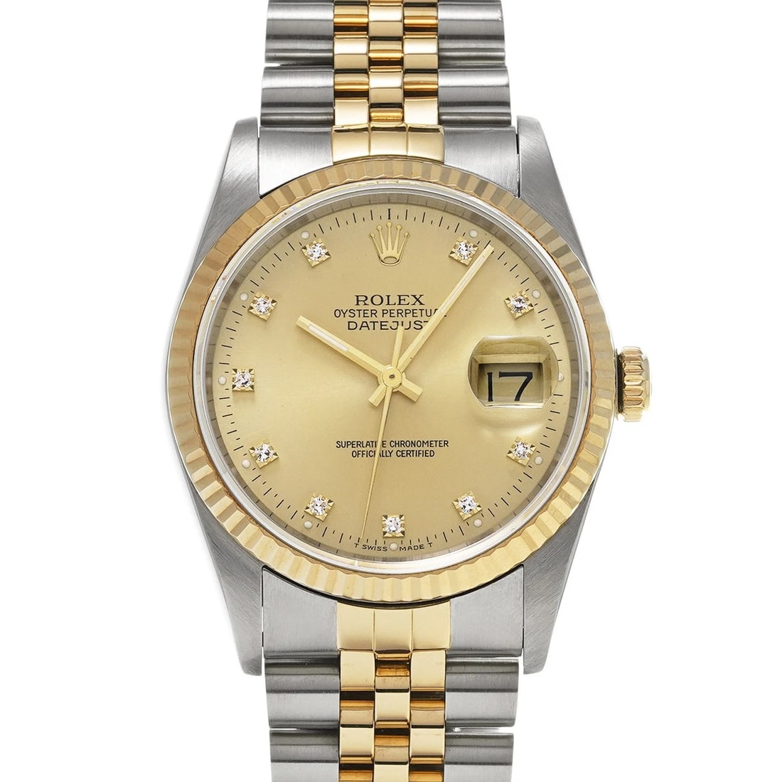 ROLEX DATEJUST CHAMPAGNE DIAMOND WATCH: ROLEX Datejust Champagne diamond WATCH Brand: ROLEX Type: Wristwatch Material: Band Material Stainless steel/Yellow Gold, Case Material Stainless steel Color: Dial Color Champagne/diamond Size: ??