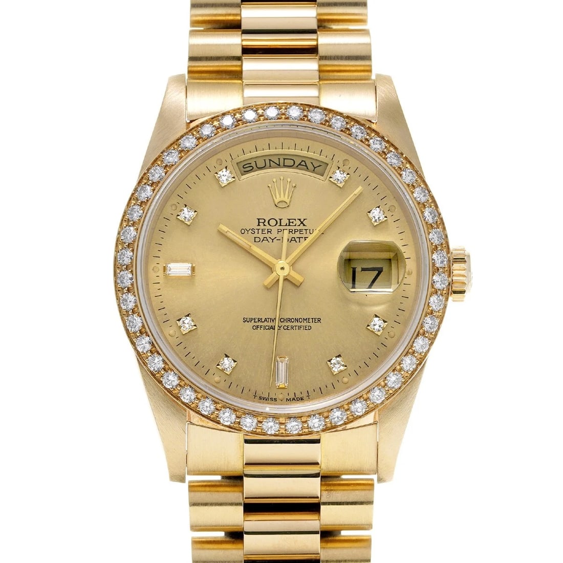 ROLEX CHAMPAGNE DIAMOND WATCH: ROLEX Champagne diamond WATCH Brand: ROLEX Type: Wristwatch Material: Band Material Yellow Gold, Case Material Yellow Gold Color: Dial Color Champagne/diamond Size: ??Case? H/about 36mm