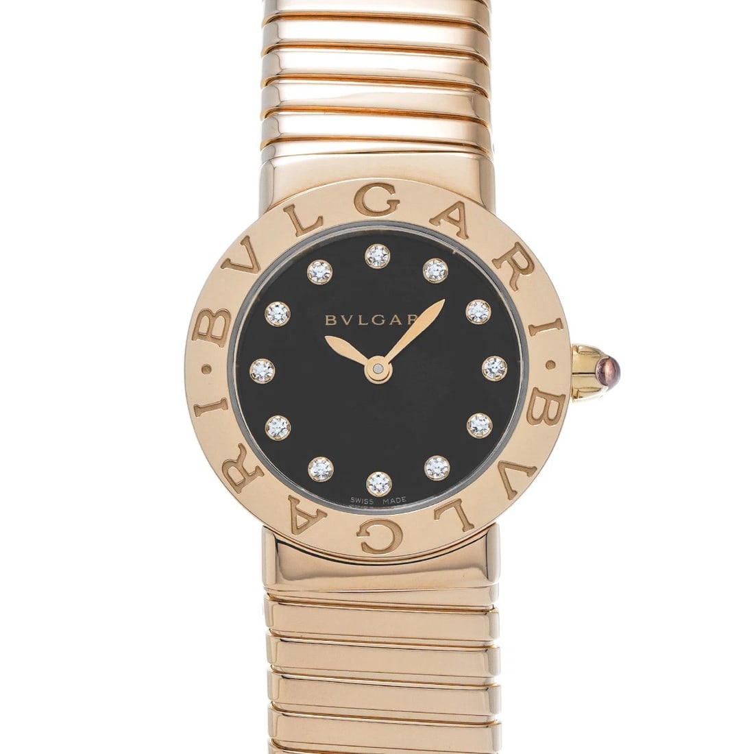 BVLGARI BLACK DIAMOND WATCH: BVLGARI black diamond WATCH Brand: BVLGARI Type: Wristwatch Material: Band Material Pink gold, Case Material Pink gold Color: Dial Color black/diamond Size: ??Case? H/about 26mm W/about 26mm D/abo