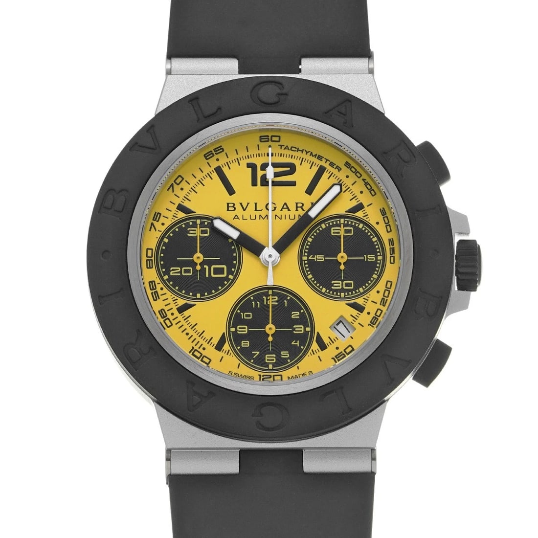 BVLGARI ALUMINIUM YELLOW WATCH: BVLGARI Aluminium yellow WATCH Brand: BVLGARI Type: Wristwatch Material: Band Material rubber, Case Material aluminum Color: Dial Color yellow Band Color black Size: ??Case? H/about 41mm