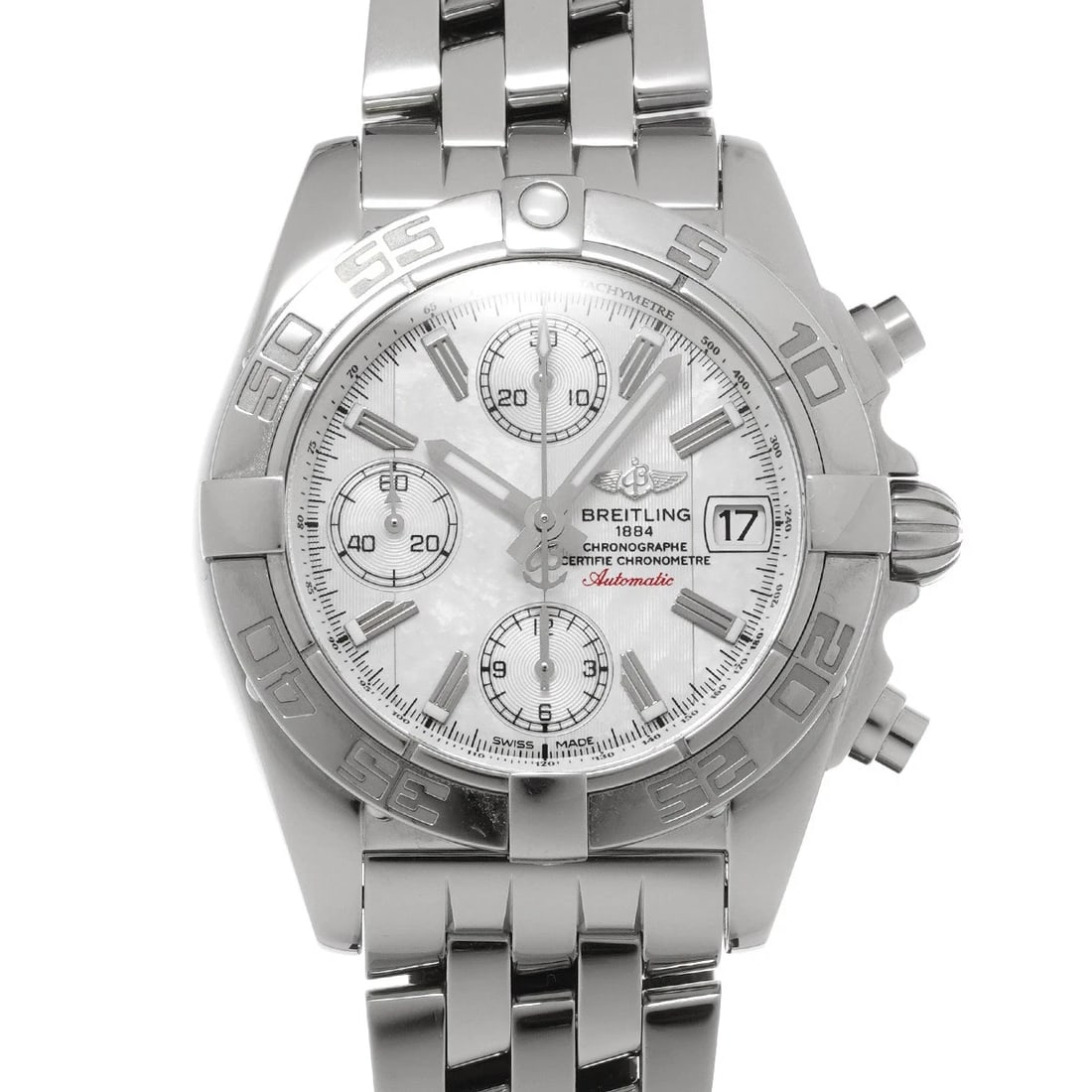 BREITLING CHRONO WHITE SHELL WATCH: BREITLING Chrono White shell WATCH Brand: BREITLING Type: Wristwatch Material: Band Material Stainless steel, Case Material Stainless steel Color: Dial Color White shell Size: ??Case? H/about