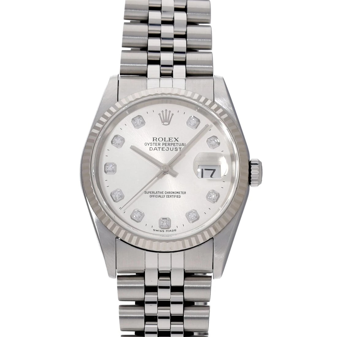 ROLEX DATEJUST SILVER DIAMOND WATCH: ROLEX Datejust Silver diamond WATCH Brand: ROLEX Type: Wristwatch Material: Band Material Stainless steel, Case Material Stainless steel Color: Dial Color Silver/diamond Size: ??Case? H/about 36mm