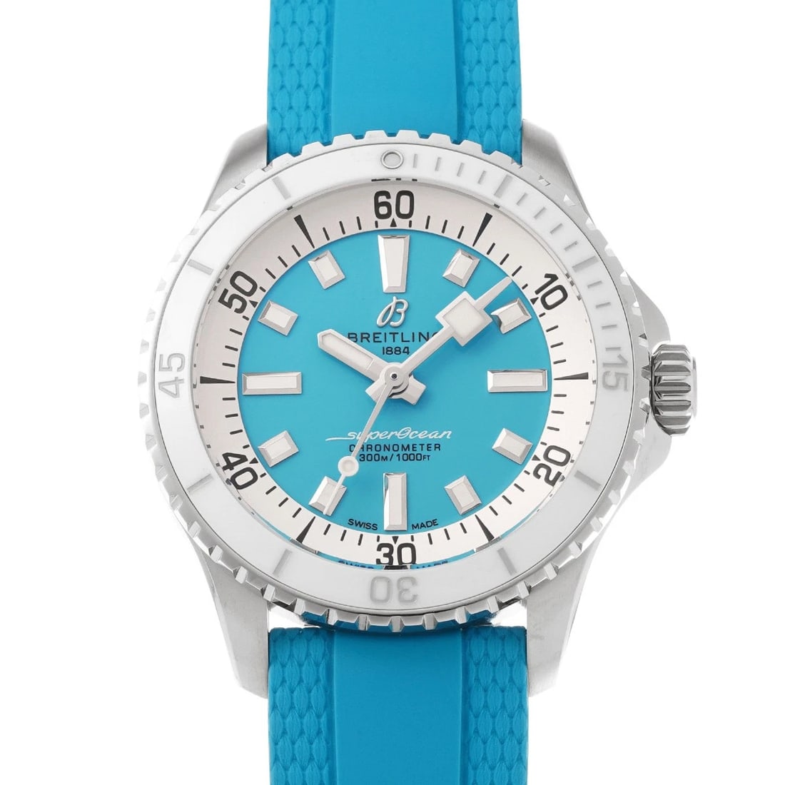 BREITLING SUPEROCEAN TURQUOISE WATCH: BREITLING Superocean Turquoise WATCH Brand: BREITLING Type: Wristwatch Material: Band Material rubber, Case Material Stainless steel Color: Dial Color Turquoise Size: ??Case? H/about 36mm W/about