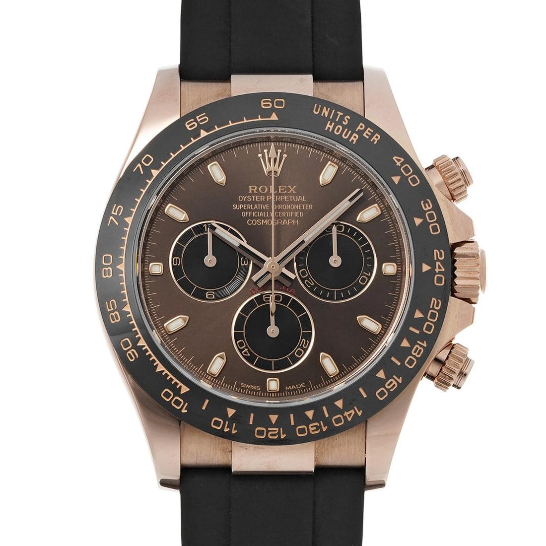 ROLEX COSMOGRAPH DAYTONA CHOCOLATE BROWN BLACK WATCH: ROLEX Cosmograph Daytona Chocolate brown black WATCH Brand: ROLEX Type: Wristwatch Material: Band Material rubber, Case Material Everrose gold Color: Dial Color Chocolate brown/black Size: