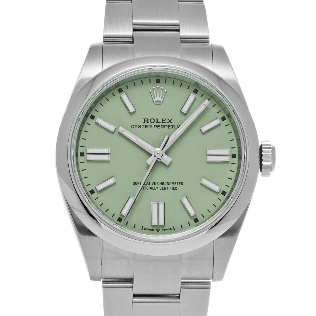 ROLEX OYSTER PERPETUAL PISTACHIO WATCH: ROLEX Oyster Perpetual pistachio WATCH Brand: ROLEX Type: Wristwatch Material: Band Material Stainless steel, Case Material Stainless steel Color: Dial Color pistachio Size: ??Case? H/about