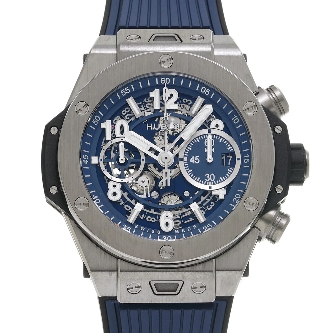HUBLOT BIG BANG UNICO TITANIUM BLUE WATCH: HUBLOT Big Bang Unico Titanium Blue WATCH Brand: HUBLOT Type: Wristwatch Material: Band Material rubber, Case Material titanium Color: Dial Color blue Size: ??Case? H/about 44mm W/about 44mm
