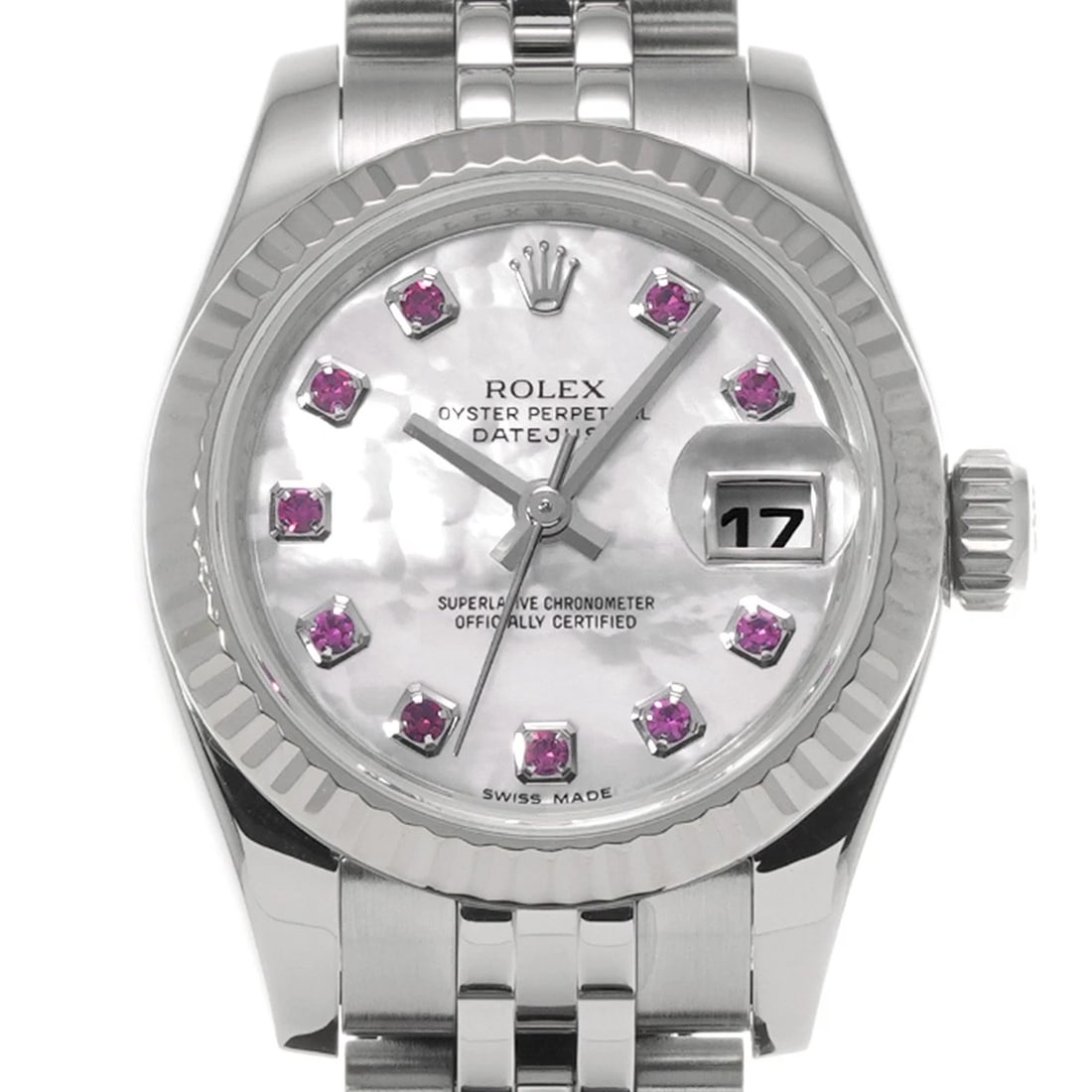 ROLEX DATEJUST WHITE SHELL RUBY WATCH - 4