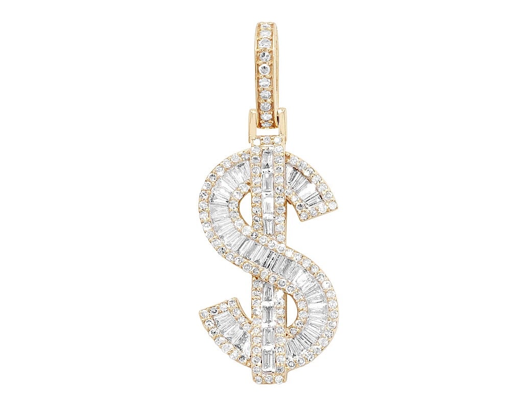 DOLLAR SIGN '$' BAGUETTE REAL DIAMOND PENDANT 10K YELLOW GOLD: Dollar Sign '$' Baguette Real Diamond Pendant 10K Yellow Gold Brand: None Type: Pendant Material: 10K Yellow Gold Main Stone/Creation Natural Color: Multi-Tone Size: Dimension L 1.5" , W 0.6" , H
