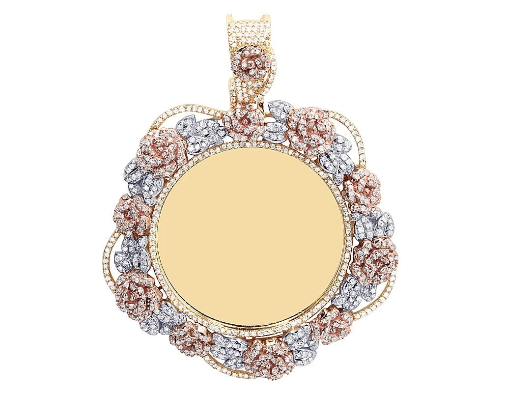 10K TRI-TONE GOLD FLORAL REAL DIAMOND MEMORY PENDANT (1 of 3)