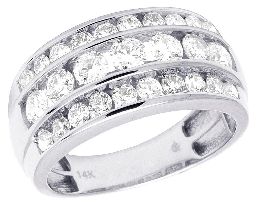 MEN'S REAL 14K WHITE GOLD DIAMOND THREE ROW RING (1 of 5)