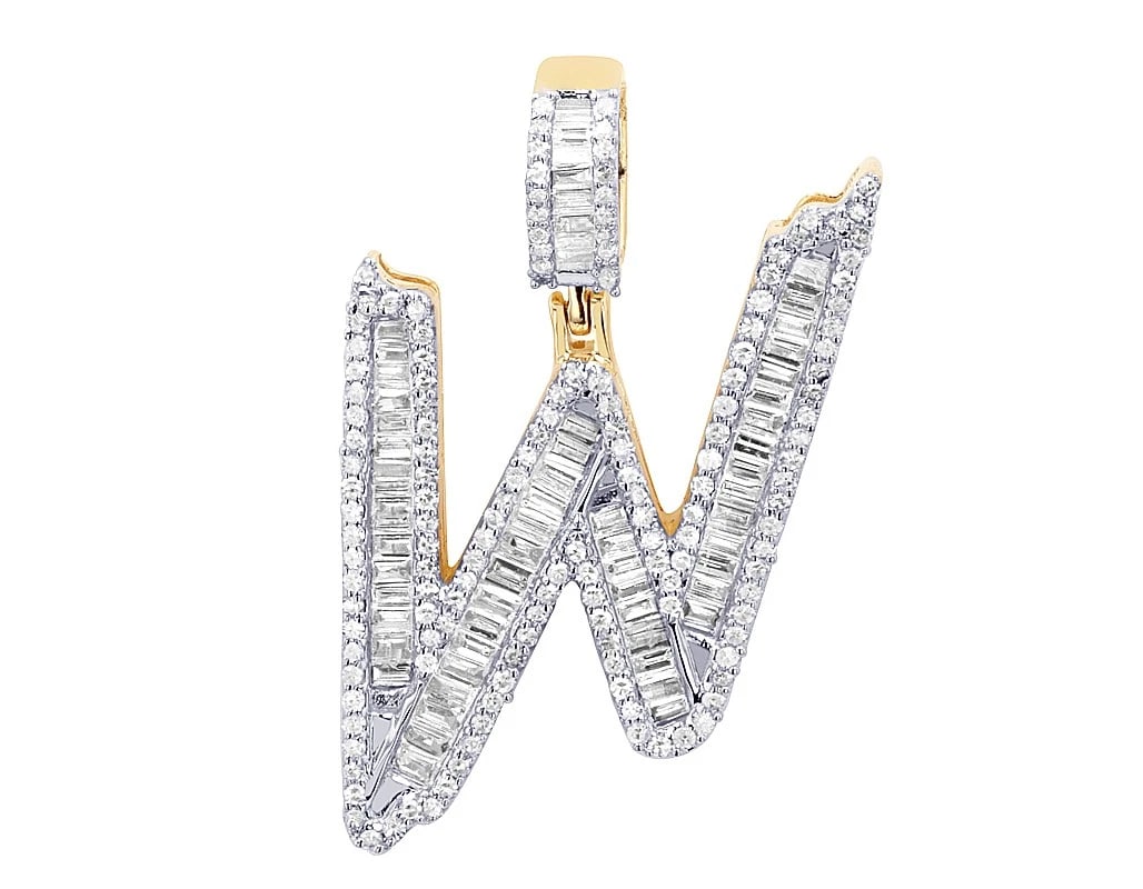 10K YELLOW GOLD REAL DIAMOND BAGUETTE INITIAL "W" PENDANT (1 of 3)