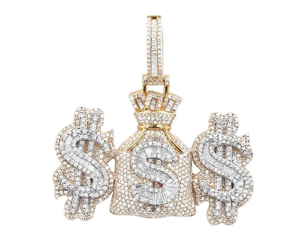 10K MONEY BAG DIAMOND DOLLAR DESIGN PENDANT: 10k Money Bag Diamond Dollar Design Pendant Brand: None Type: Pendant Material: 10K Yellow & White Gold Main Stone/Creation Natural Color: Yellow Gold Size: Dimension Length 31.3 MM Width 42MM + B