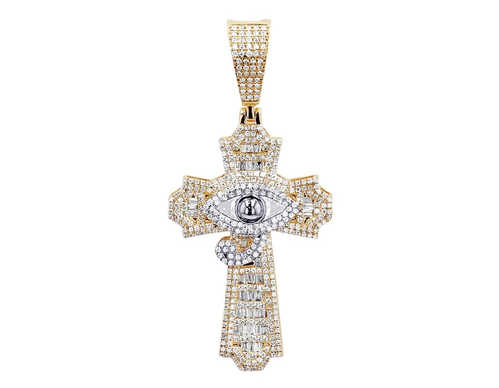 BAGUETTE REAL DIAMOND EYE CROSS PENDANT 14K YELLOW GOLD: Baguette Real Diamond Eye Cross Pendant 14K Yellow Gold Brand: None Type: Pendant Material: 14K Yellow Gold Main Stone/Creation Natural Color: Yellow Gold Size: Dimension L 2.1" , W 25MM Accessor