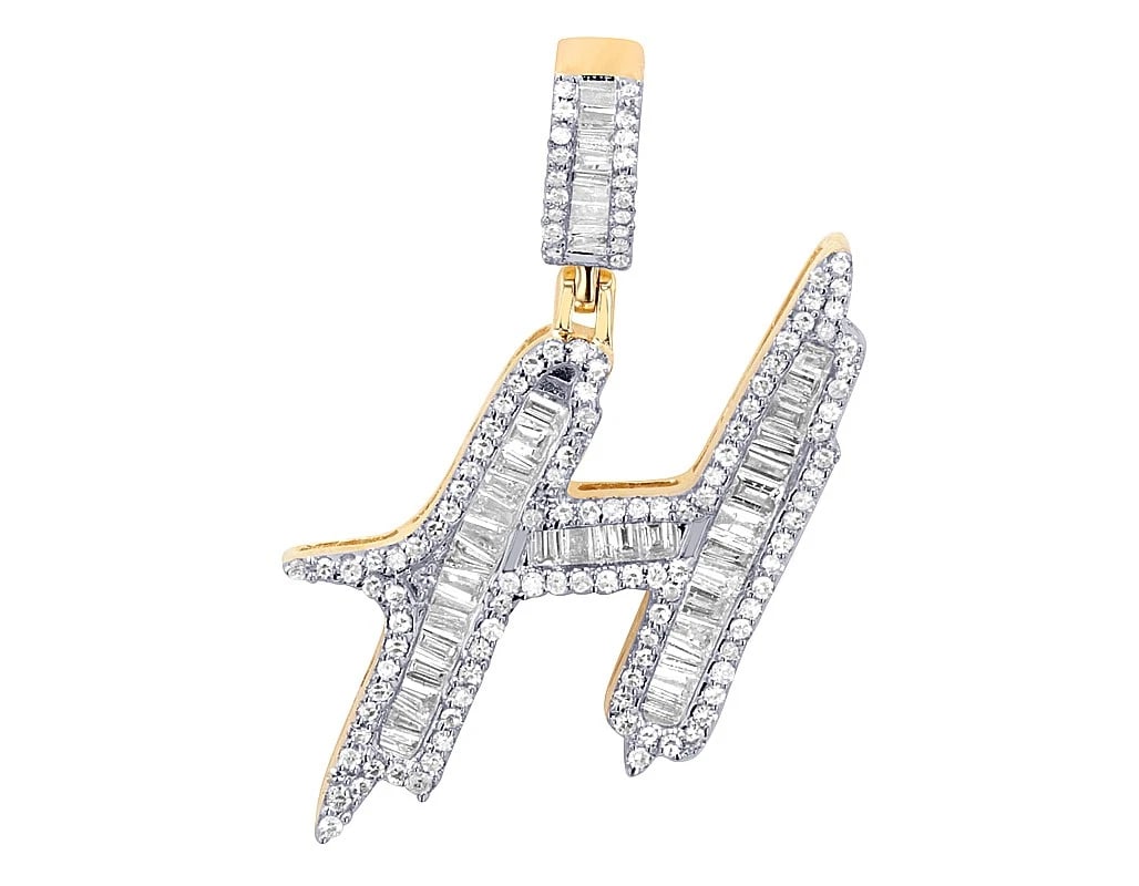 10K YELLOW GOLD REAL DIAMOND BAGUETTE INITIAL "H" PENDANT (1 of 3)
