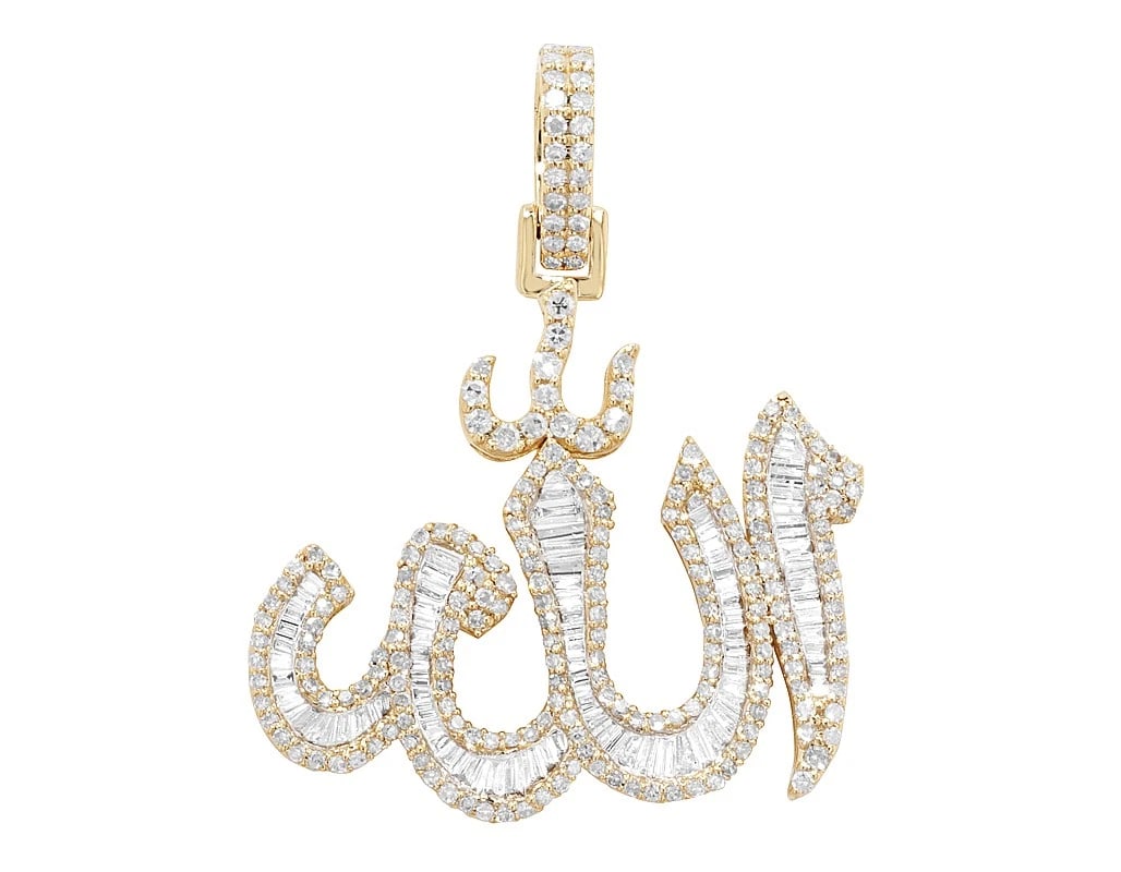 BAGUETTE REAL DIAMOND ALLAH PENDANT 10K YELLOW GOLD: Baguette Real Diamond ALLAH Pendant 10K Yellow Gold Brand: None Type: Pendant Material: 10K Yellow Gold Main Stone/Creation Natural Color: Yellow Gold Size: Dimension L 1.4" , W 1.1" , H 0.1" Acc