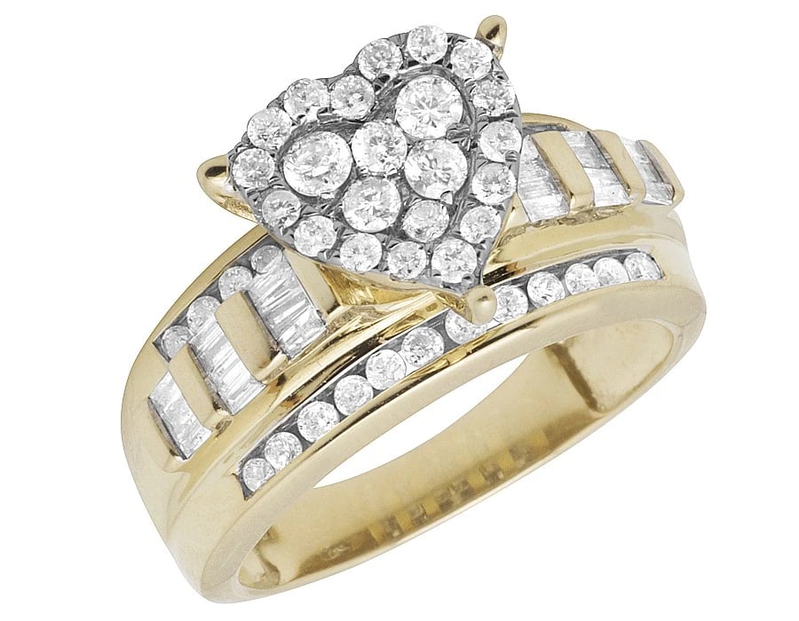 LADIES 10K YELLOW GOLD HEART CLUSTER BAGUETTE REAL DIAMOND RING (1 of 3)